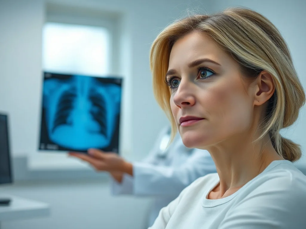 Pacjentka w gabinecie lekarskim z rozmytym zdjęciem rentgenowskim płuc w tle, ilustrująca proces diagnostyki gruźlicy.