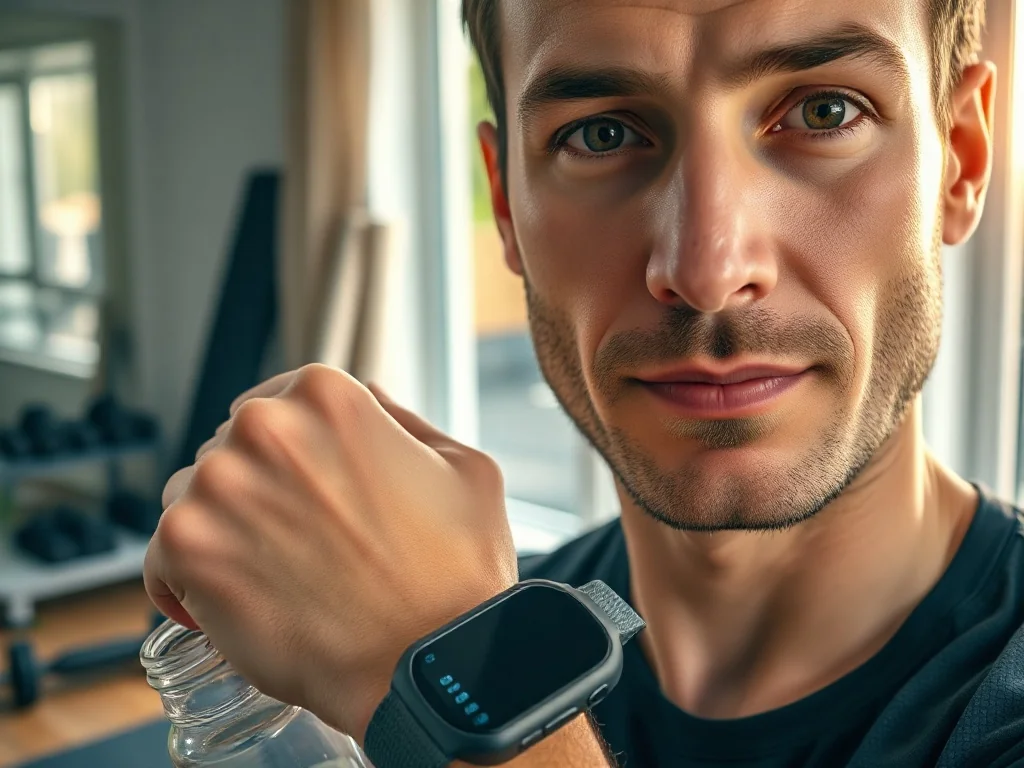 Mężczyzna trzymający nowoczesny smartwatch i bidon sportowy na tle domowej siłowni, idealny pomysł na prezent dla sportowca.