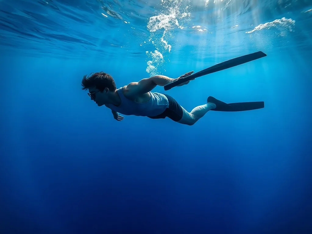 Freediver płynący w głębinach oceanu, prezentujący opływową sylwetkę w promieniach słońca przenikających przez taflę wody.