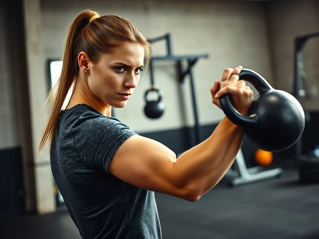 Wysportowana kobieta wykonuje dynamiczne ćwiczenie z odważnikiem kettlebell w nowoczesnej sali treningowej.