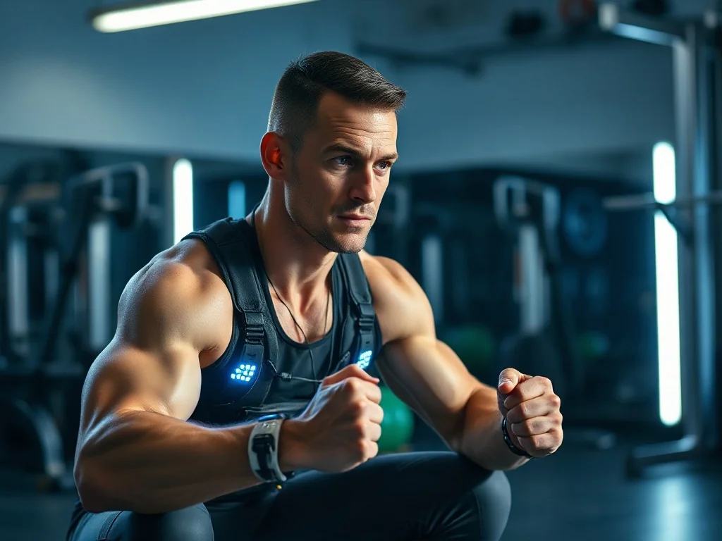 Sportowiec w profesjonalnym kombinezonie EMS wykonuje przysiad w nowoczesnej siłowni podczas treningu elektrostymulacji.