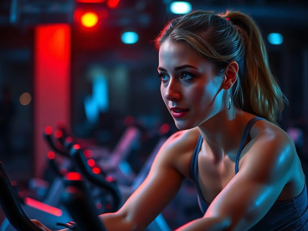 Zmotywowana kobieta podczas intensywnego treningu spinningowego w nowoczesnym studio fitness z nastrojowym oświetleniem.