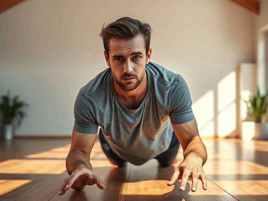 Mężczyzna wykonuje dynamiczne ćwiczenie Animal Flow na drewnianej podłodze w słonecznym studiu fitness.